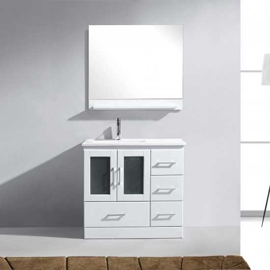 Zola 36" Single Bath Vanity in White and Square Sink with Brushed Nickel Faucet and Matching Mirror