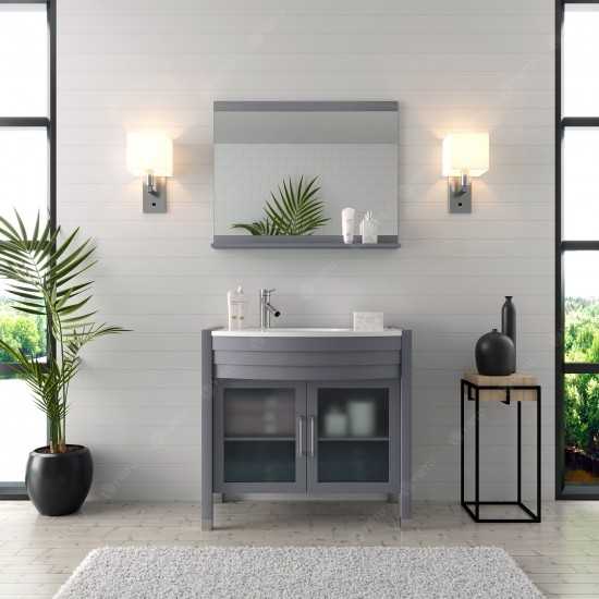 Ava 36" Single Bath Vanity in Gray with White Engineered Stone Top and Round Sink and Matching Mirror