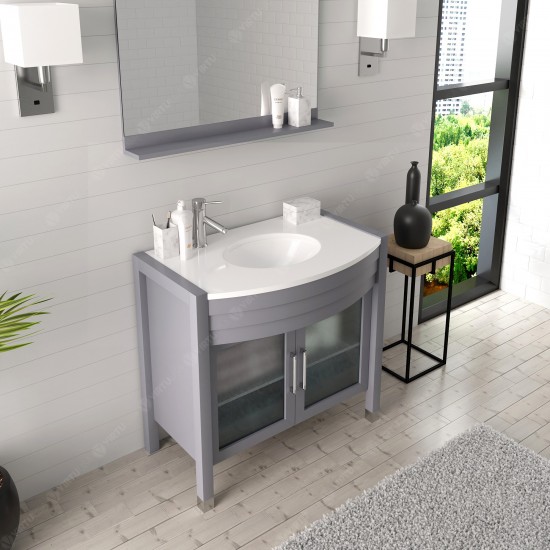 Ava 36" Single Bath Vanity in Gray with White Engineered Stone Top and Round Sink and Matching Mirror