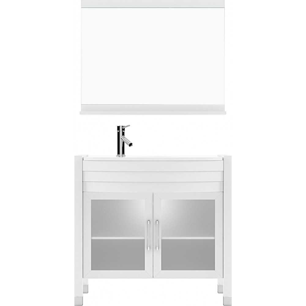 Ava 36" Single Bath Vanity in White with White Engineered Stone Top and Round Sink and Matching Mirror