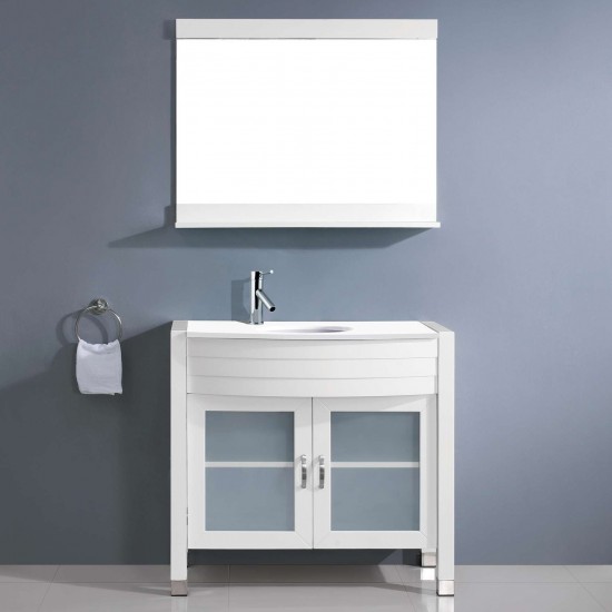 Ava 36" Single Bath Vanity in White with White Engineered Stone Top and Round Sink and Matching Mirror