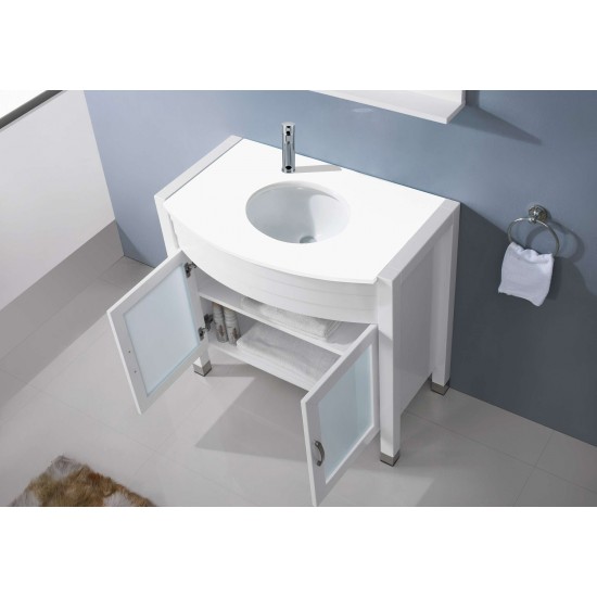 Ava 36" Single Bath Vanity in White with White Engineered Stone Top and Round Sink and Matching Mirror