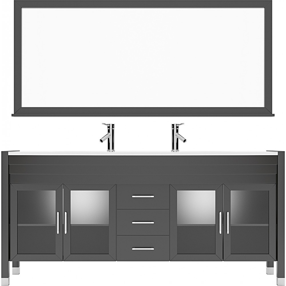 Ava 71" Double Bath Vanity in Espresso with White Engineered Stone Top and Round Sinks and Matching Mirror