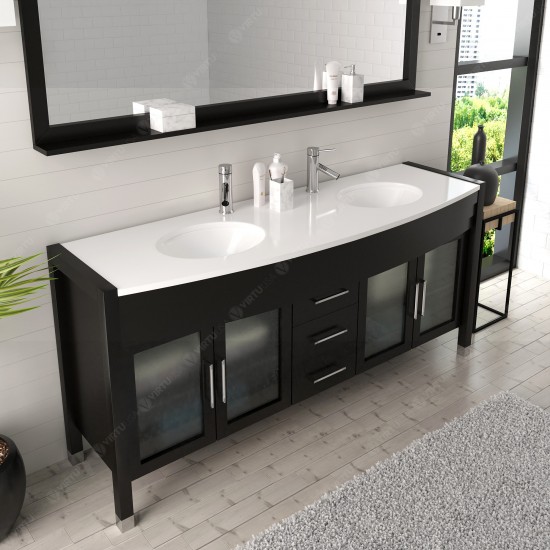 Ava 71" Double Bath Vanity in Espresso with White Engineered Stone Top and Round Sinks with Brushed Nickel Faucets and Mirror