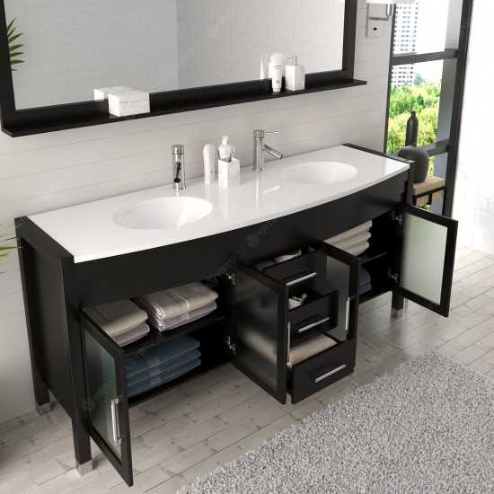 Ava 71" Double Bath Vanity in Espresso with White Engineered Stone Top and Round Sinks with Brushed Nickel Faucets and Mirror