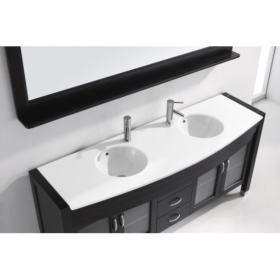 Ava 71" Double Bath Vanity in Espresso with White Engineered Stone Top and Round Sinks with Brushed Nickel Faucets and Mirror