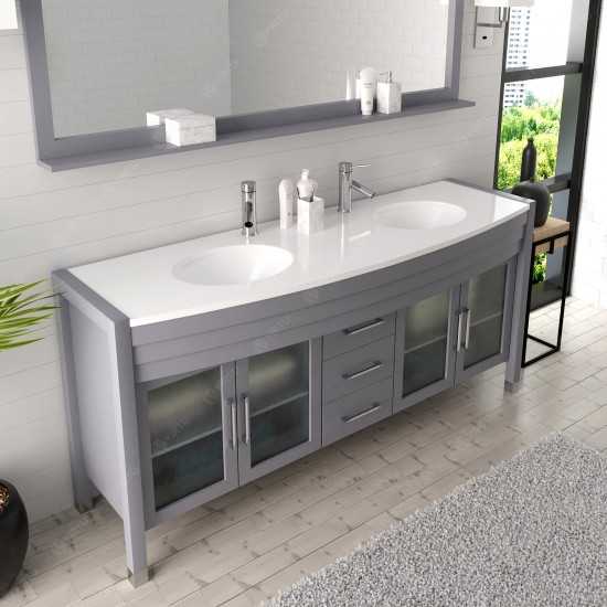 Ava 71" Double Bath Vanity in Gray with White Engineered Stone Top and Round Sinks and Matching Mirror