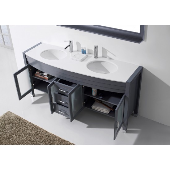 Ava 71" Double Bath Vanity in Gray with White Engineered Stone Top and Round Sinks and Matching Mirror