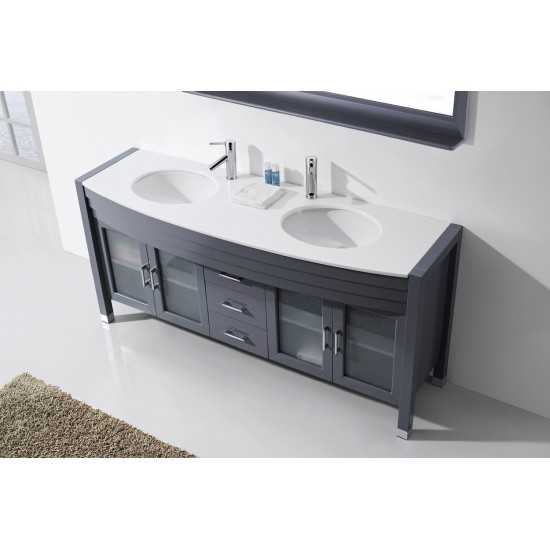 Ava 71" Double Bath Vanity in Gray with White Engineered Stone Top and Round Sinks and Matching Mirror