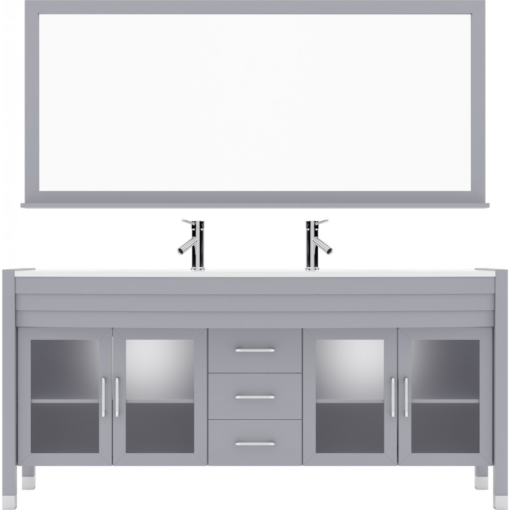 Ava 71" Double Bath Vanity in Gray with White Engineered Stone Top and Round Sinks with Brushed Nickel Faucets and Mirror