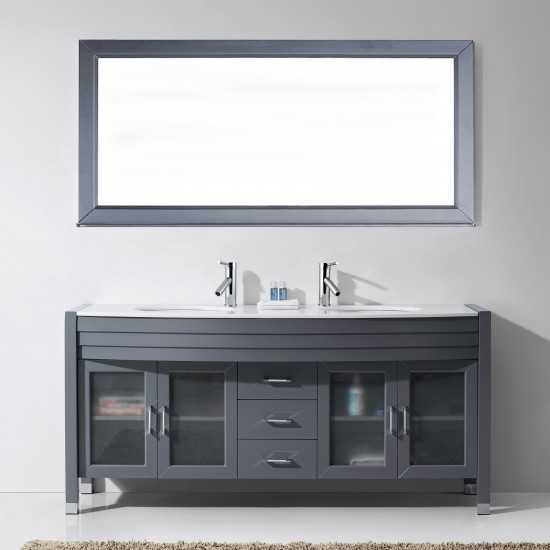 Ava 71" Double Bath Vanity in Gray with White Engineered Stone Top and Round Sinks with Brushed Nickel Faucets and Mirror