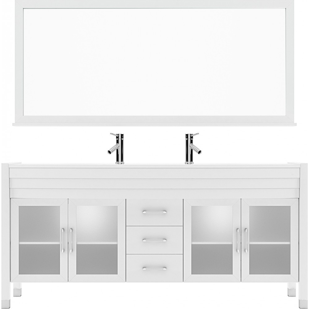 Ava 71" Double Bath Vanity in White with White Engineered Stone Top and Round Sinks and Matching Mirror