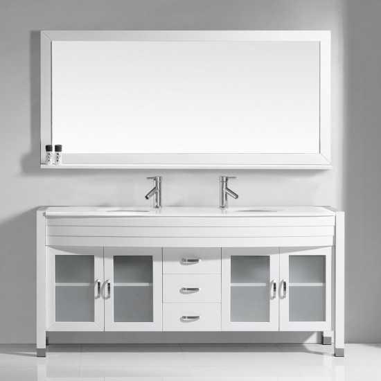 Ava 71" Double Bath Vanity in White with White Engineered Stone Top and Round Sinks and Matching Mirror