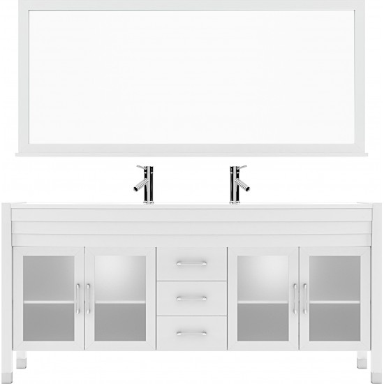 Ava 71" Double Bath Vanity in White with White Engineered Stone Top and Round Sinks with Brushed Nickel Faucets and Mirror