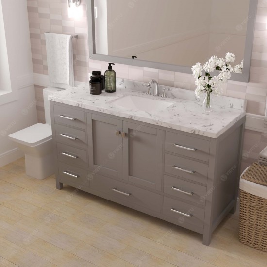 Caroline Avenue 60" Single Bath Vanity in Cashmere Gray with White Quartz Top and Square Sink with Matching Mirror