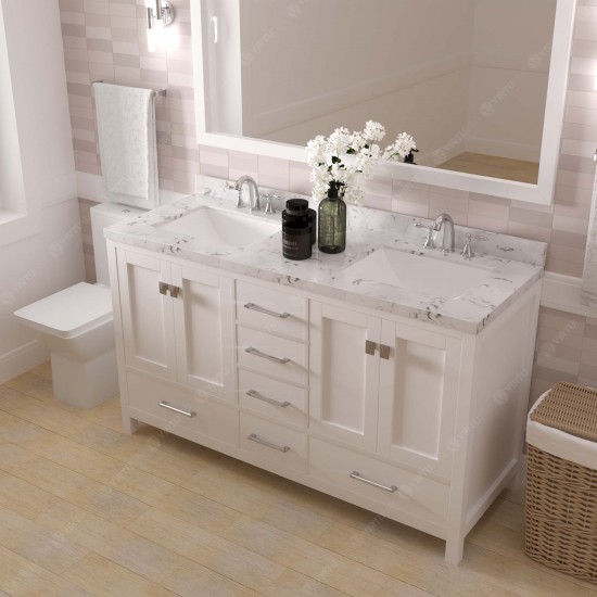 Caroline Avenue 60" Double Bath Vanity in White with White Quartz Top and Square Sinks with Matching Mirror