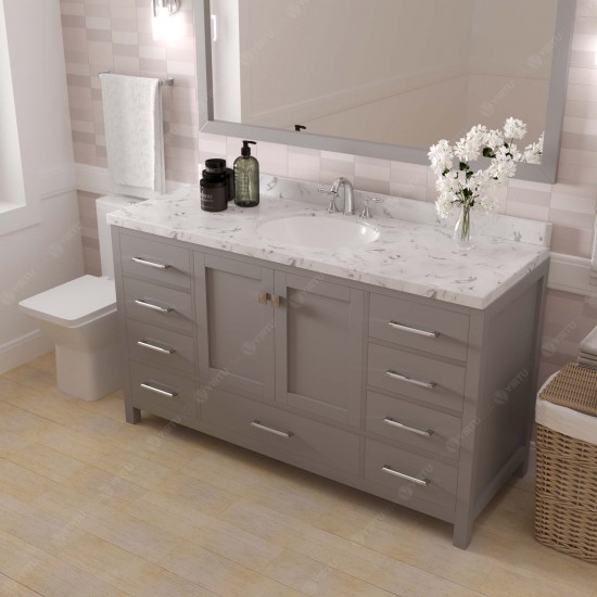 Caroline Avenue 60" Single Bath Vanity in Cashmere Gray with White Quartz Top and Round Sink with Matching Mirror