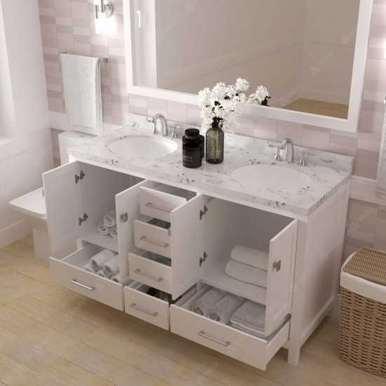 Caroline Avenue 60" Double Bath Vanity in White with White Quartz Top and Round Sinks with Matching Mirror