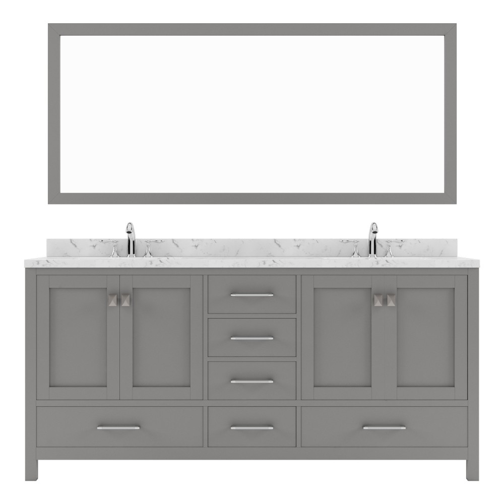 Caroline Avenue 72" Double Bath Vanity in Cashmere Gray with White Quartz Top and Round Sinks with Matching Mirror