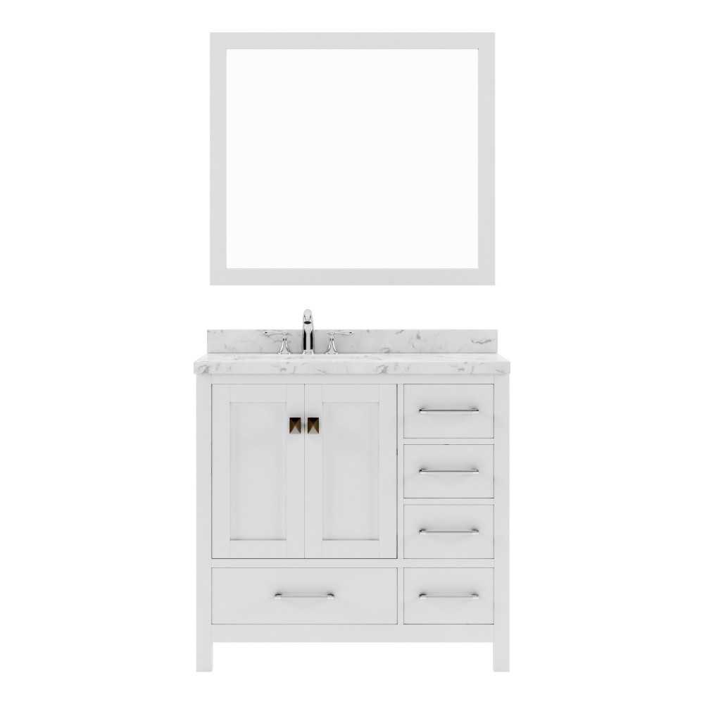 Caroline Avenue 36" Single Bath Vanity in White with White Quartz Top and Square Sink with Brushed Nickel Faucet with Mirror