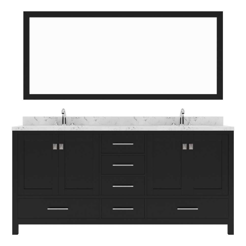 Caroline Avenue 72" Double Vanity in Espresso with White Quartz Top and Square Sinks with Brushed Nickel Faucets with Mirror