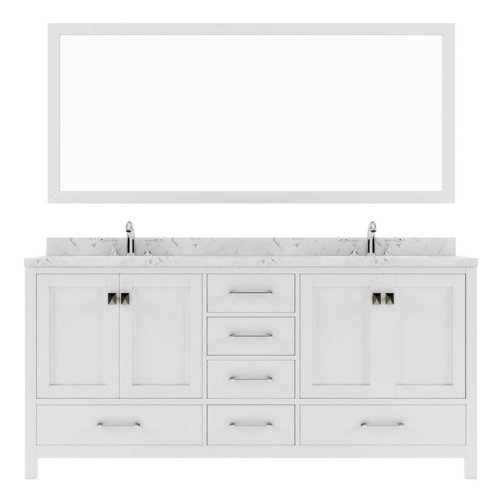 Caroline Avenue 72" Double Bath Vanity in White with White Quartz Top and Square Sinks with Brushed Nickel Faucets with Mirro