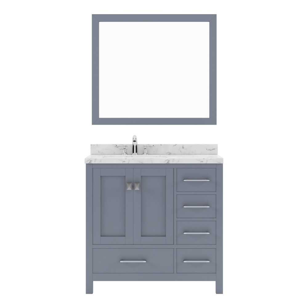 Caroline Avenue 36" Single Bath Vanity in Gray with White Quartz Top and Round Sink with Brushed Nickel Faucet with Mirror