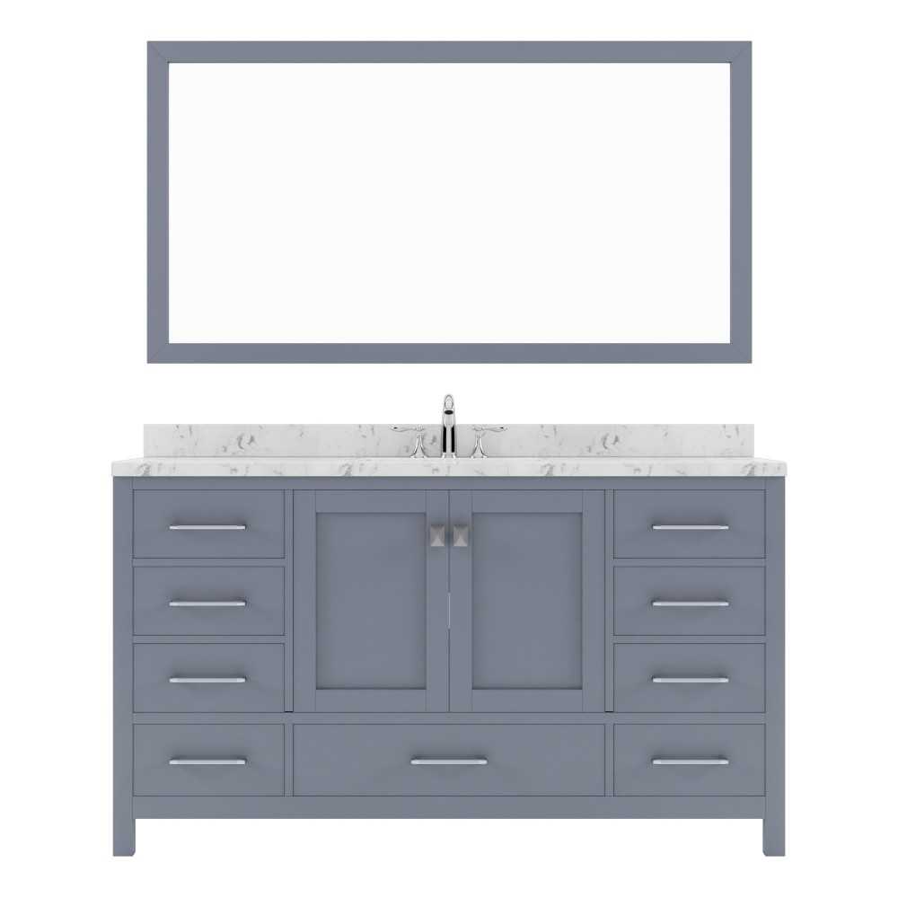 Caroline Avenue 60" Double Bath Vanity in Gray with White Quartz Top and Round Sinks with Brushed Nickel Faucets with Mirror