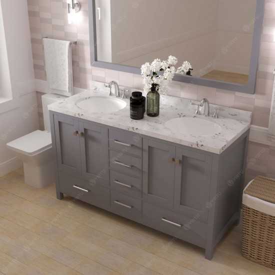 Caroline Avenue 60" Double Bath Vanity in Gray with White Quartz Top and Round Sinks with Brushed Nickel Faucets with Mirror