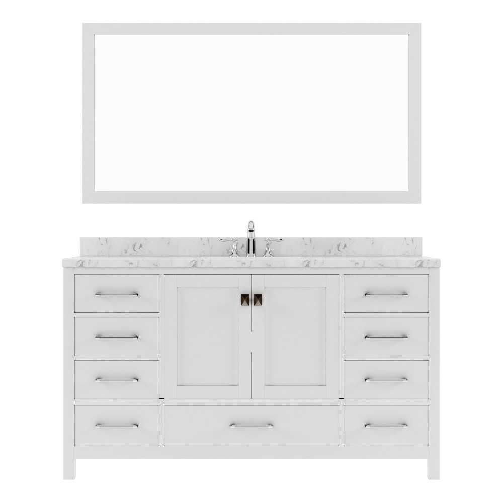 Caroline Avenue 60" Double Bath Vanity in White with White Quartz Top and Round Sinks with Brushed Nickel Faucets with Mirror