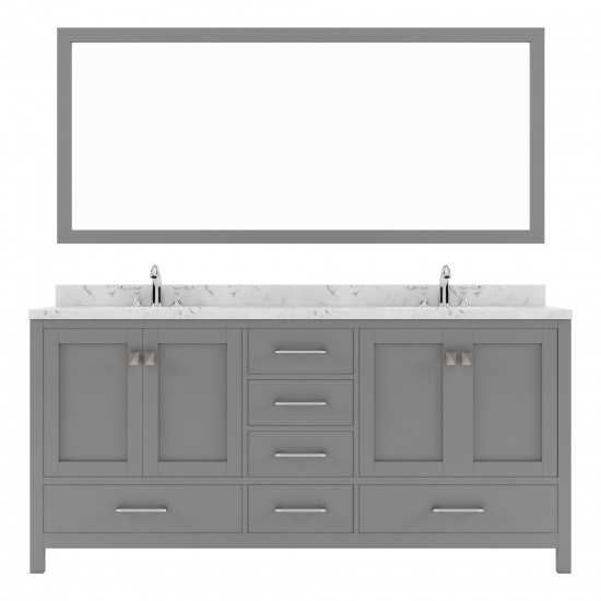 Caroline Avenue 72" Double Vanity in Cashmere Gray with White Quartz Top and Round Sinks with Brushed Nickel Faucets with Mir