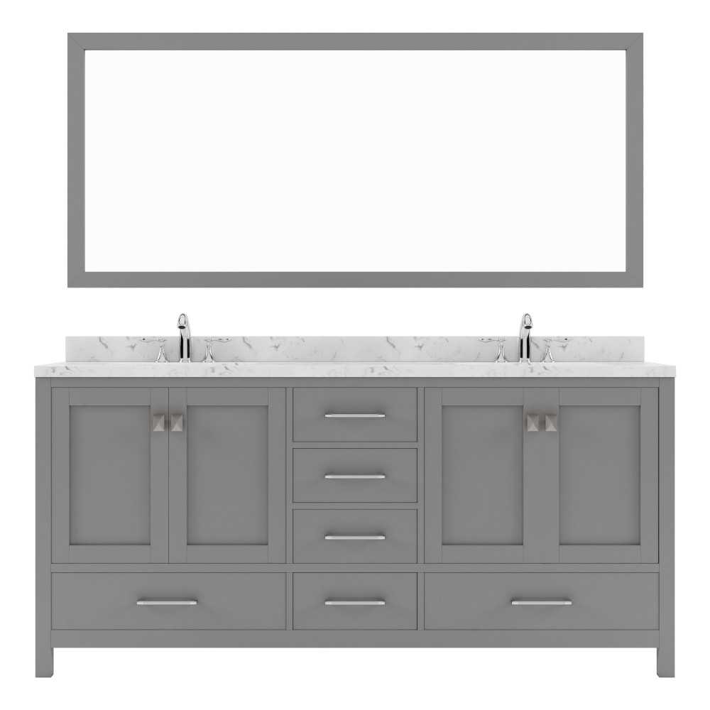 Caroline Avenue 72" Double Vanity in Cashmere Gray with White Quartz Top and Round Sinks with Brushed Nickel Faucets with Mir