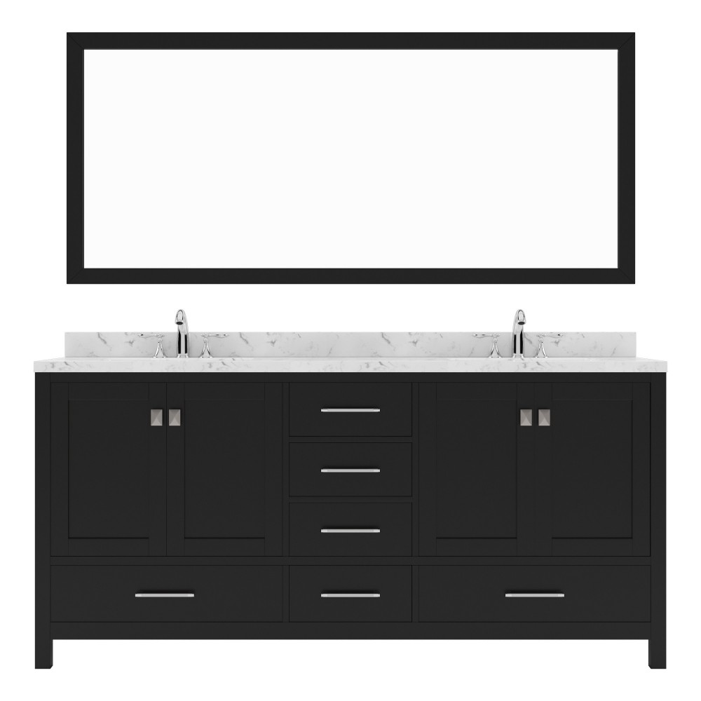 Caroline Avenue 72" Double Bath Vanity in Espresso with White Quartz Top and Round Sinks with Brushed Nickel Faucets with Mir