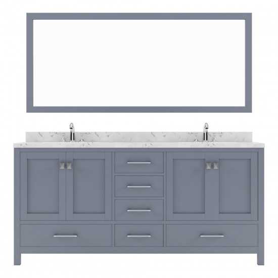 Caroline Avenue 72" Double Bath Vanity in Gray with White Quartz Top and Round Sinks with Brushed Nickel Faucets with Mirror