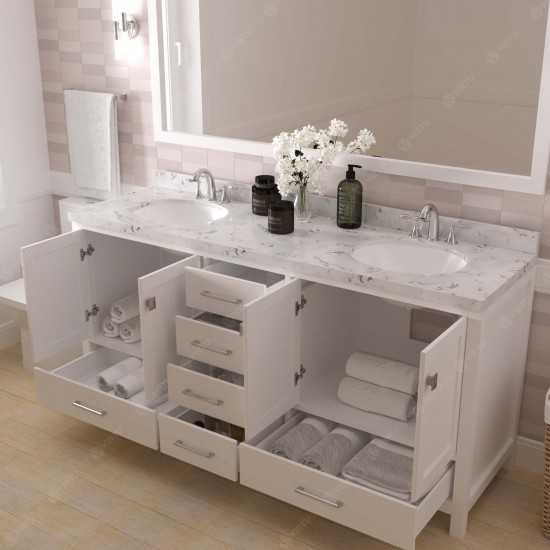 Caroline Avenue 72" Double Bath Vanity in White with White Quartz Top and Round Sinks with Brushed Nickel Faucets with Mirror