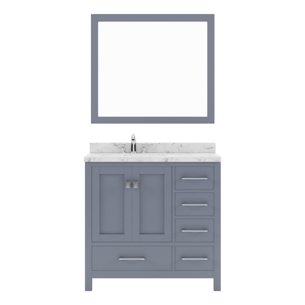 Caroline Avenue 36" Single Bath Vanity in Gray with White Quartz Top and Square Sink with Polished Chrome Faucet with Mirror