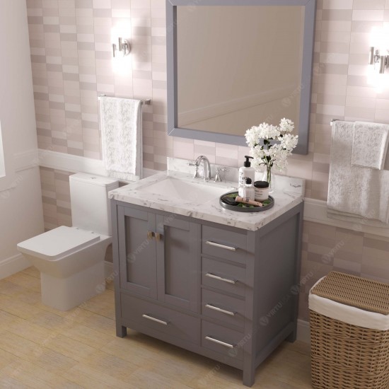 Caroline Avenue 36" Single Bath Vanity in Gray with White Quartz Top and Square Sink with Polished Chrome Faucet with Mirror