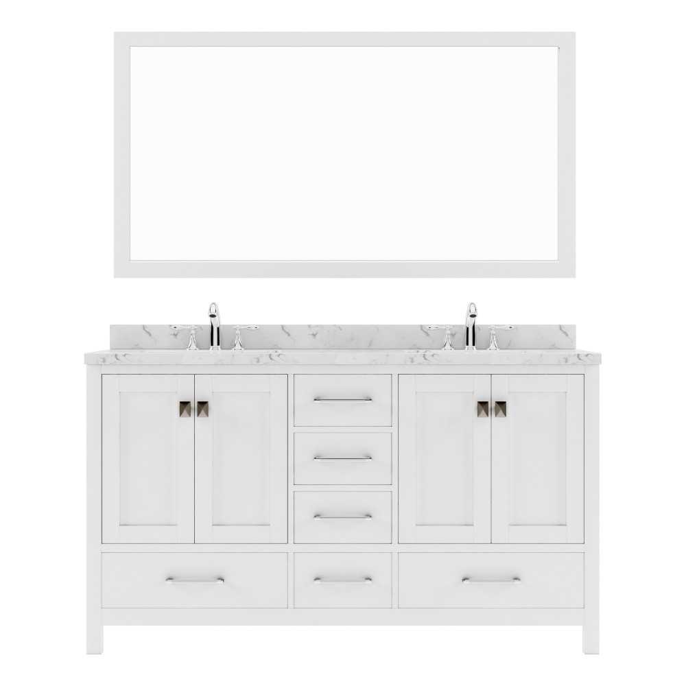 Caroline Avenue 60" Single Bath Vanity in White with White Quartz Top and Square Sink with Polished Chrome Faucet with Mirror