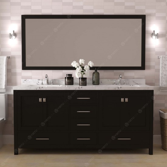 Caroline Avenue 72" Double Vanity in Espresso with White Quartz Top and Square Sinks with Polished Chrome Faucets with Mirror