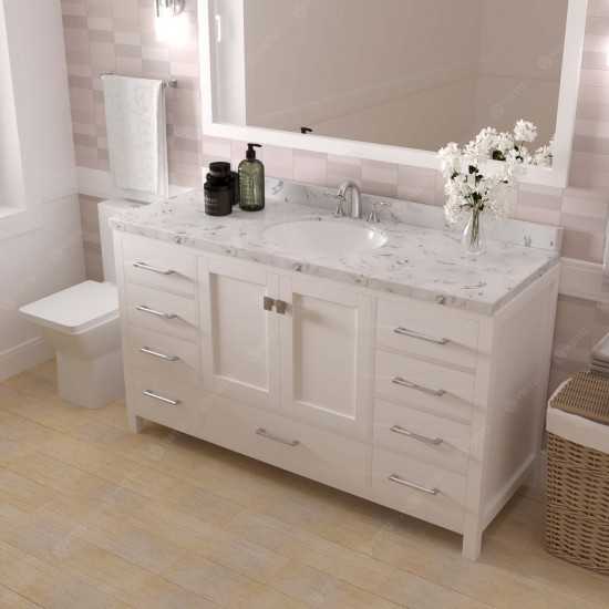 Caroline Avenue 60" Single Bath Vanity in White with White Quartz Top and Round Sink with Polished Chrome Faucet with Mirror