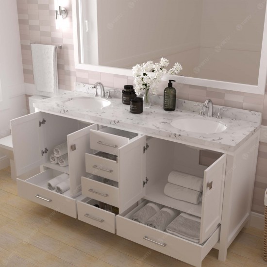 Caroline Avenue 72" Double Bath Vanity in White with White Quartz Top and Round Sinks with Polished Chrome Faucets with Mirro