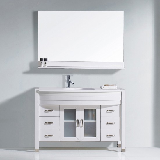 Ava 48" Single Bath Vanity in White with White Engineered Stone Top and Round Sink and Matching Mirror