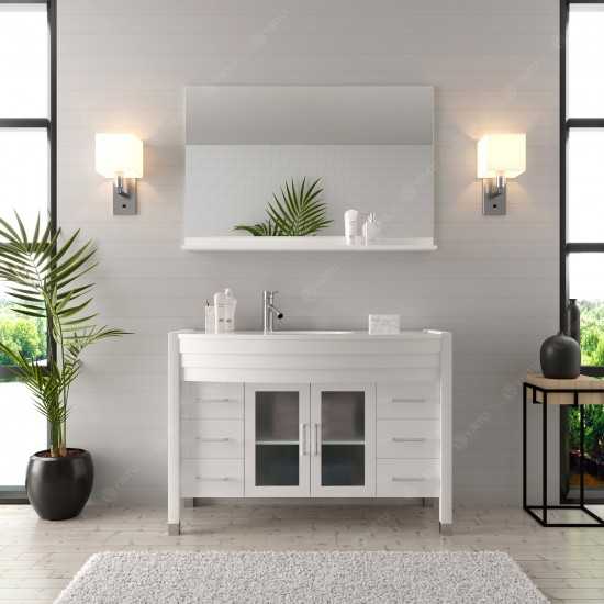 Ava 48" Single Bath Vanity in White with White Engineered Stone Top and Round Sink and Matching Mirror