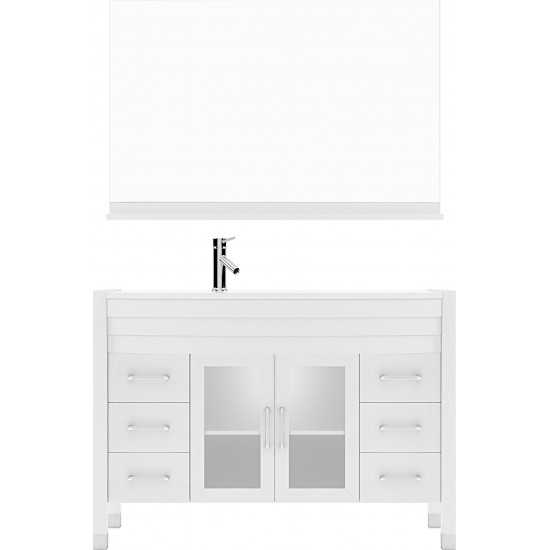 Ava 48" Single Bath Vanity in White with White Engineered Stone Top and Round Sink with Brushed Nickel Faucet and Mirror