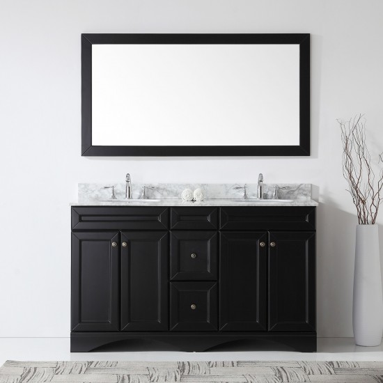 Talisa 60" Double Bath Vanity in Espresso with White Marble Top and Round Sinks with Polished Chrome Faucets and Matching Mir