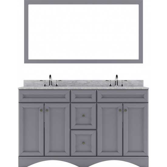 Talisa 60" Double Bath Vanity in Gray with White Marble Top and Round Sinks and Matching Mirror