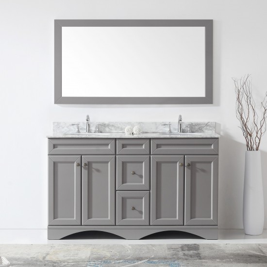 Talisa 60" Double Bath Vanity in Gray with White Marble Top and Round Sinks and Matching Mirror