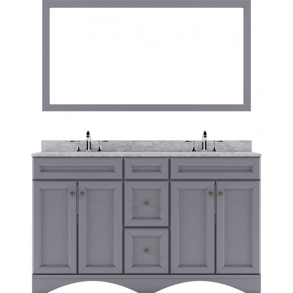 Talisa 60" Double Bath Vanity in Gray with White Marble Top and Round Sinks with Brushed Nickel Faucets and Matching Mirror