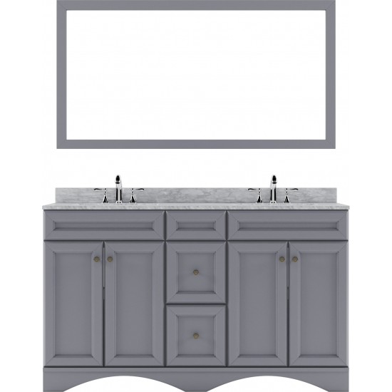 Talisa 60" Double Bath Vanity in Gray with White Marble Top and Round Sinks with Polished Chrome Faucets and Matching Mirror