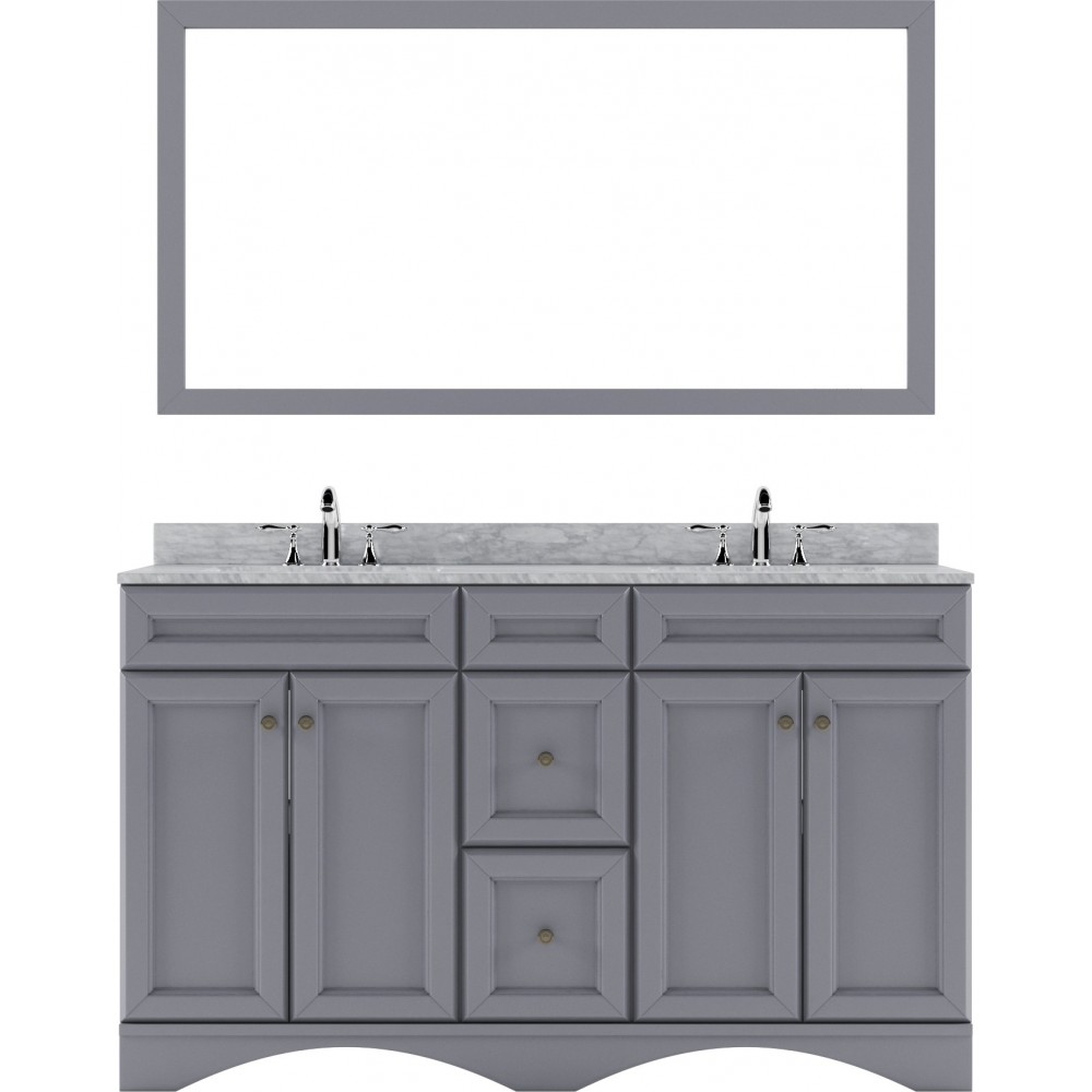 Talisa 60" Double Bath Vanity in Gray with White Marble Top and Round Sinks with Polished Chrome Faucets and Matching Mirror